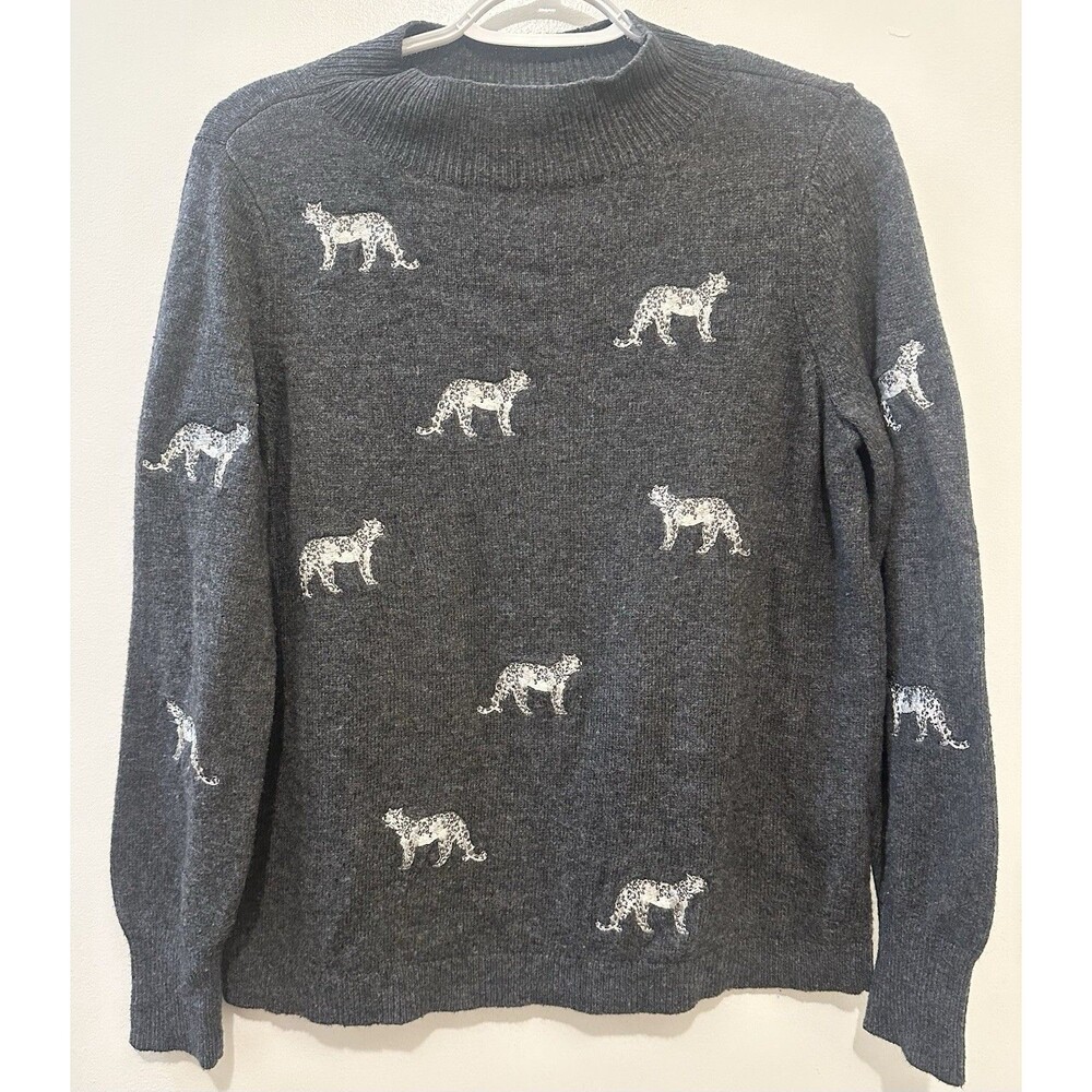 Chico’s Gray Leopard Print Sweater Cashmere Wool Blend Mock Neck Size 1 Medium